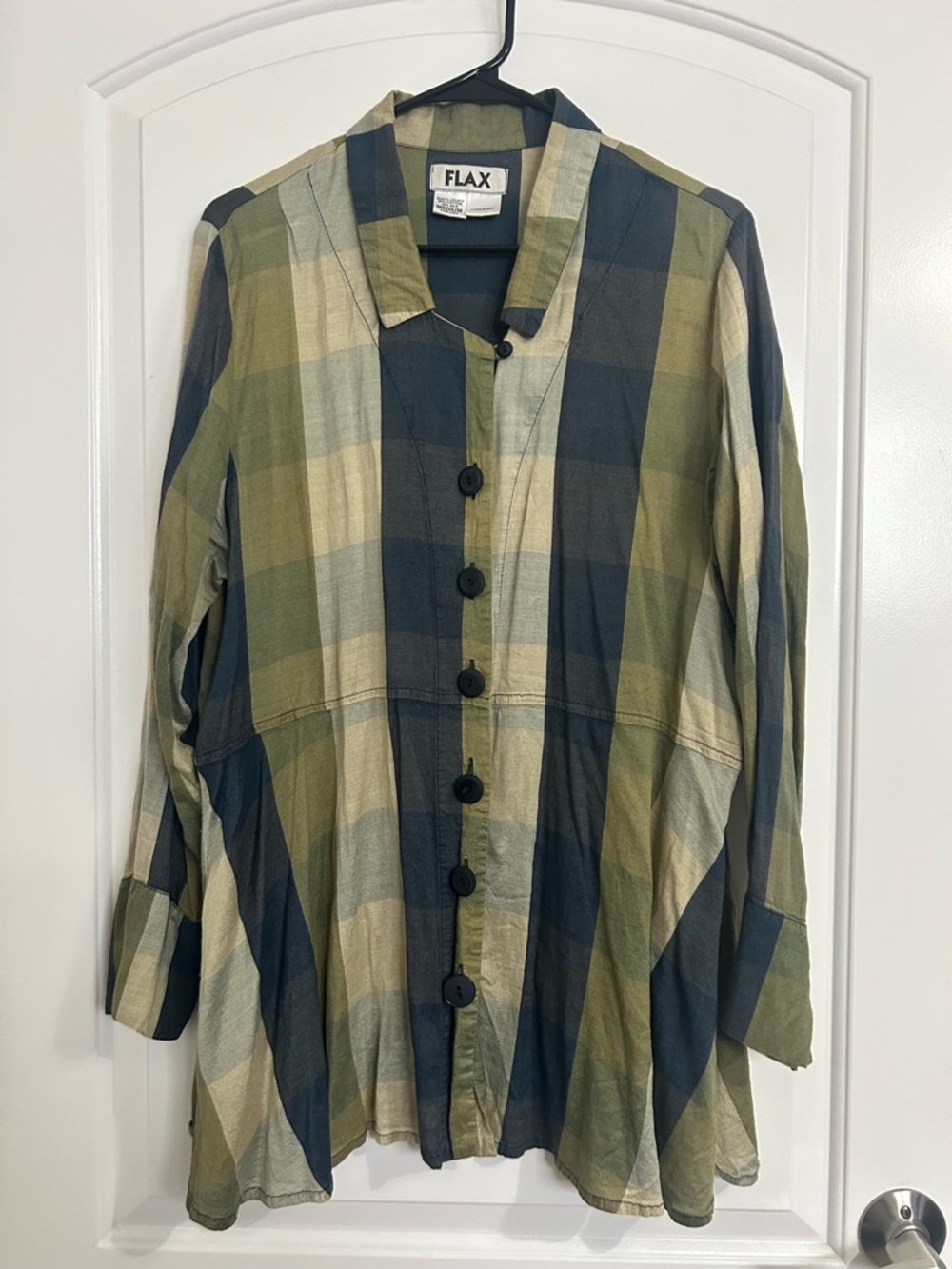 Flax Green Plaid Silk Blend Button-Up Tunic Top size M cottagecore prairie boho